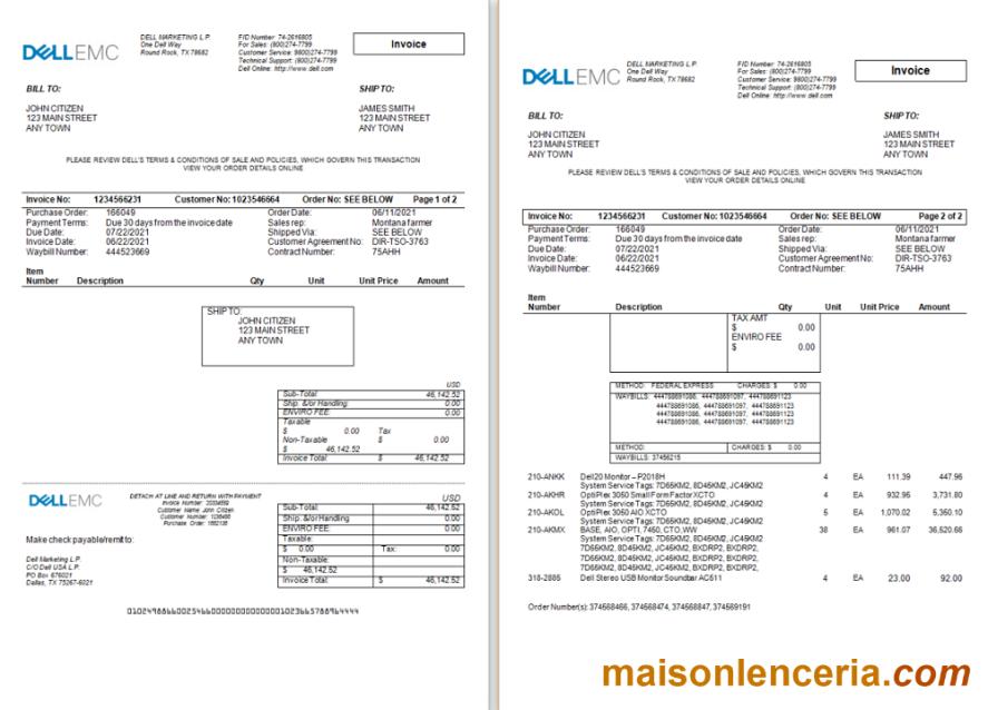 USA Dell Technologies faktura Word i PDF szablon